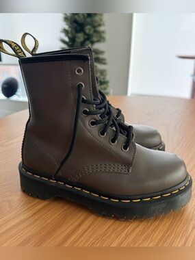 Dr. Martens Brown Leather Lace-Up Boots with Yellow Stitching